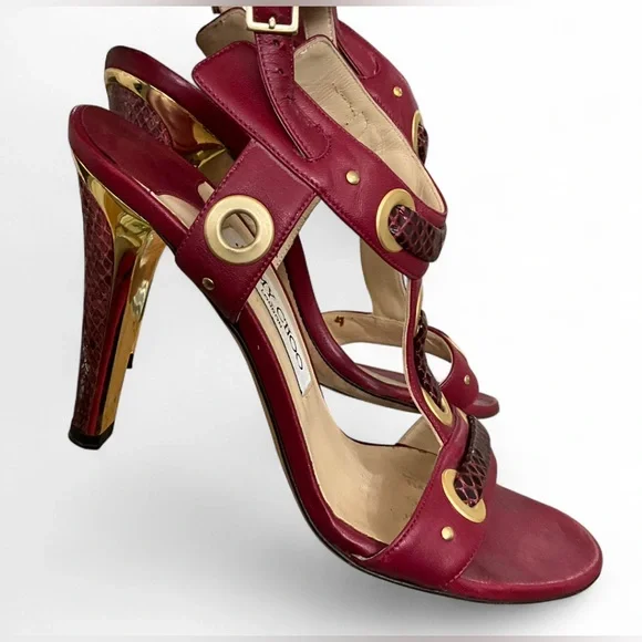 EUC JIMMY CHOO | SZ 37 1/2 | Napa Watersnake Burgundy Gold Heeled Sandals Shoes - Picture 6 of 9